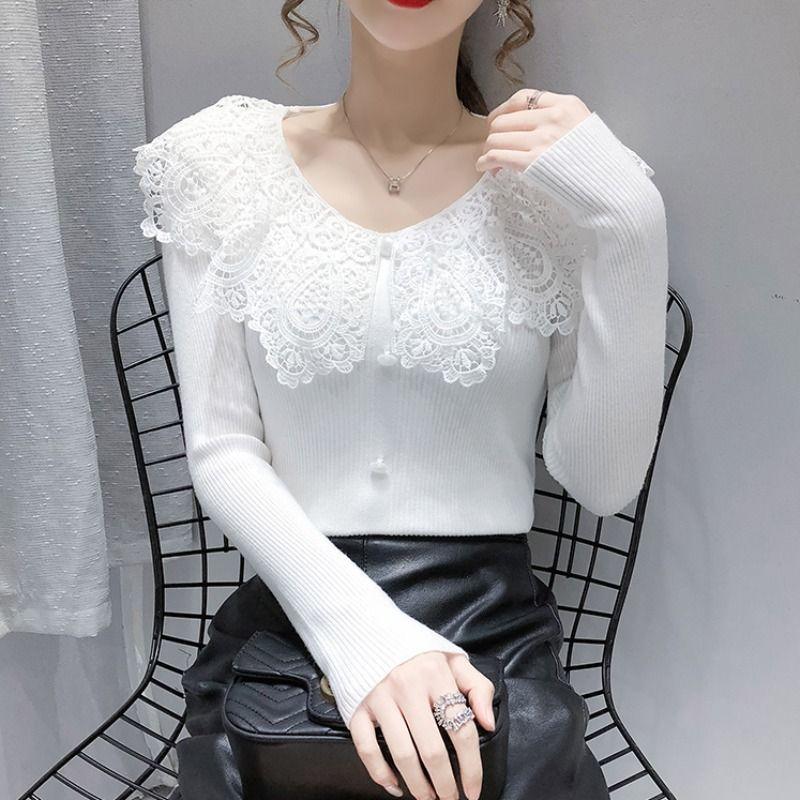 Doll Neck Women's Autumn and Winter New Spliced Lace Hollow Out Button Fashion Solid Color Casual Long Sleeved Knitted Top