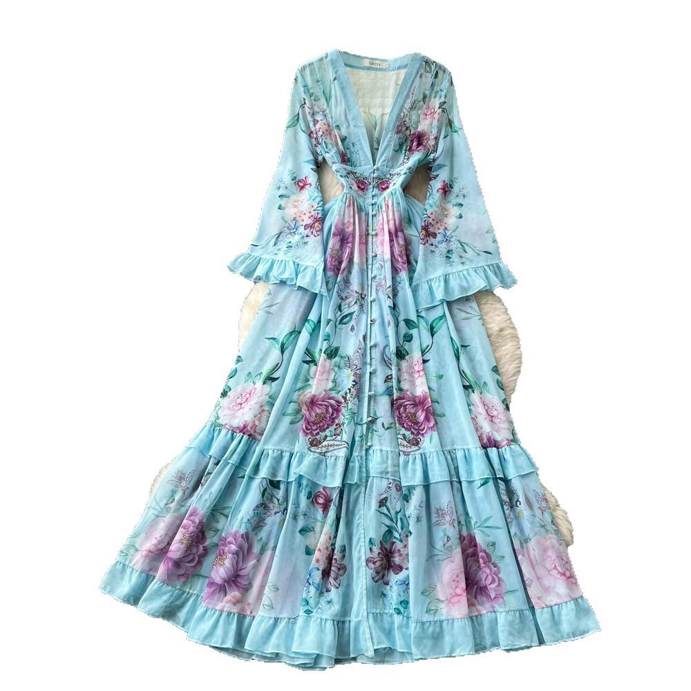 Holiday style printing V-neck lantern sleeve dress women's early spring waist A-shaped long dress with ruffle edge high-end foreign style