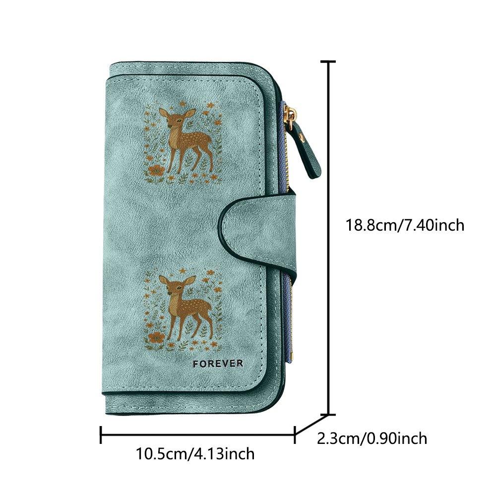 Deer and floral pattern long zipper wallet, large-capacity card holder, unisex clutch bag, stylish zippered coin purse, suitable for daily use, a