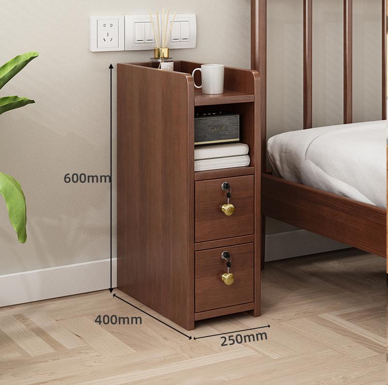 Solid Wood Locking Nightstand, Compact Slim Bedside Cabinet, Modern Minimalist Storage Organizer, Narrow Gap Bedroom Furniture