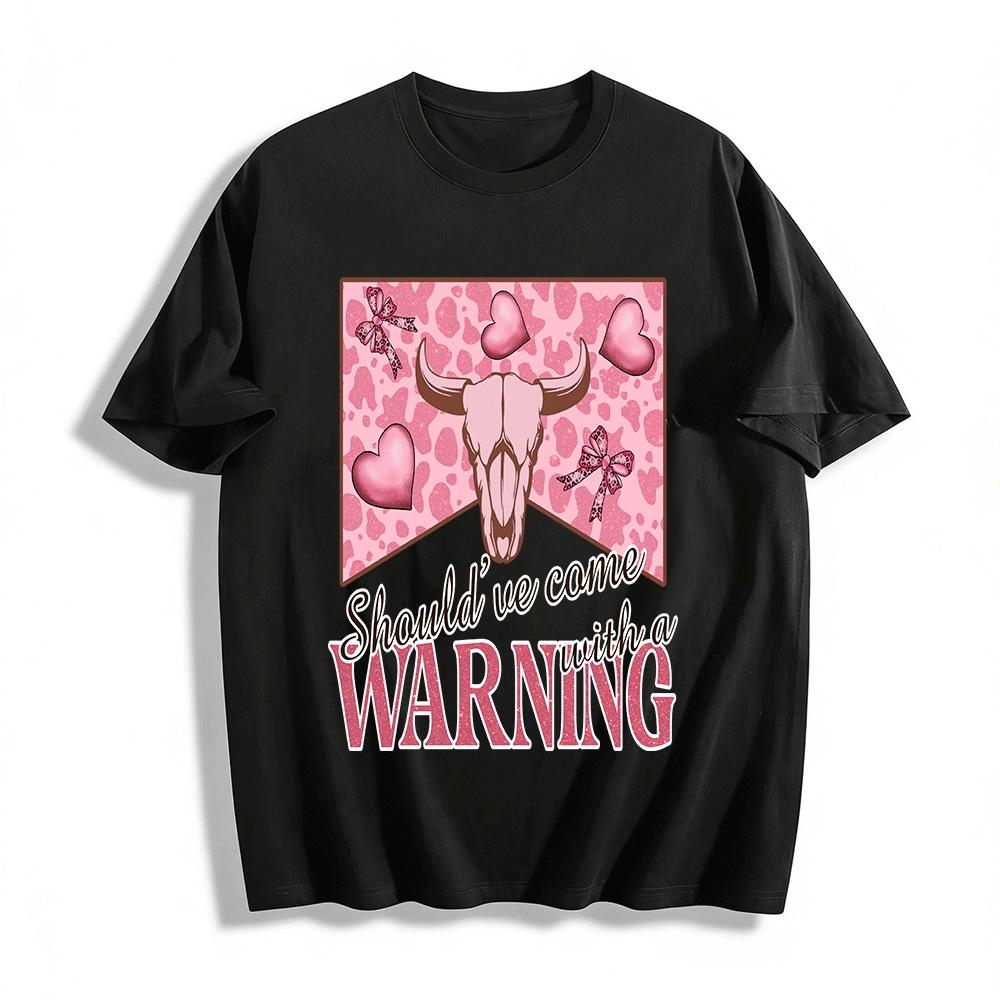 

Western Pink Leopard Cow Skull Print Warning Slogan Casual Tee Pure cotton T-shirt XXS
