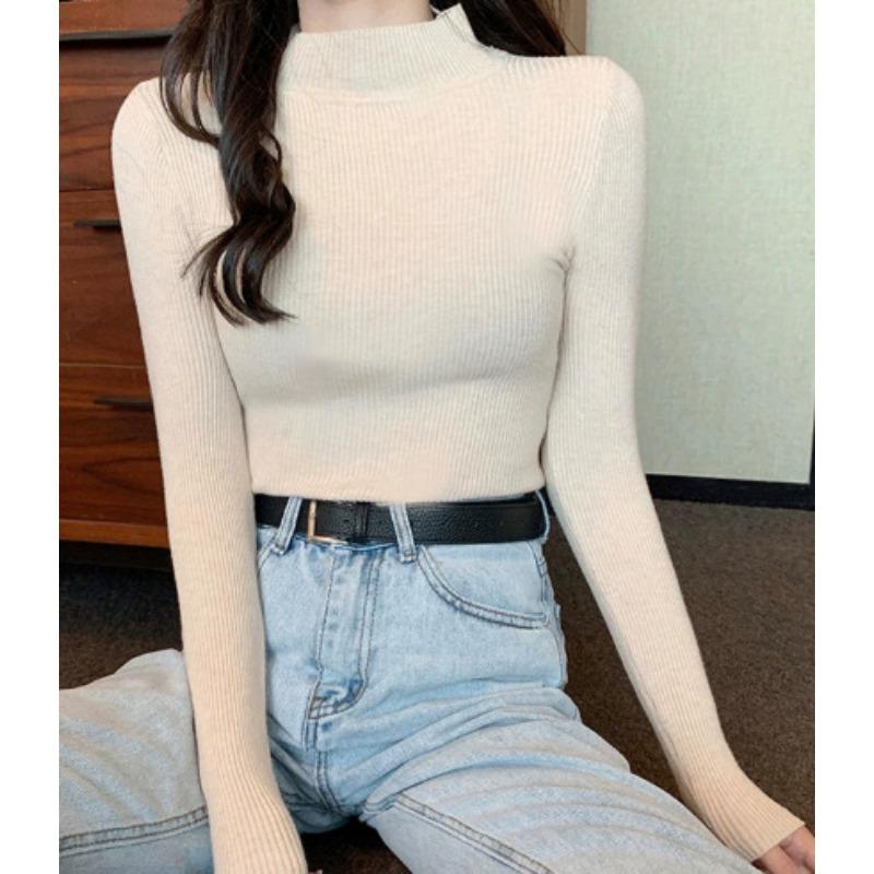 

New Long Sleeved Semi-turtleneck Knitted Women Sweater 2025 Fashion Slim Fit Female Shirt Solid Color Office Autumn and Winter Top Basic Clothing One Size абрикосовый