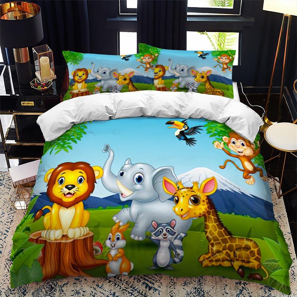 Zoo Duvet Cover Set King Queen Size Animal In The Forest Cartoon Illustration Lion Panda For Kids Girl Boy Polyester Bedding Set