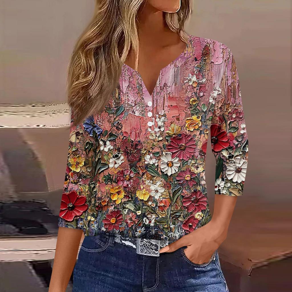 Women's T Shirt Tee Print Button  3/4 SleeveDaily Weekend Fashion Basic V- Neck Regular Top