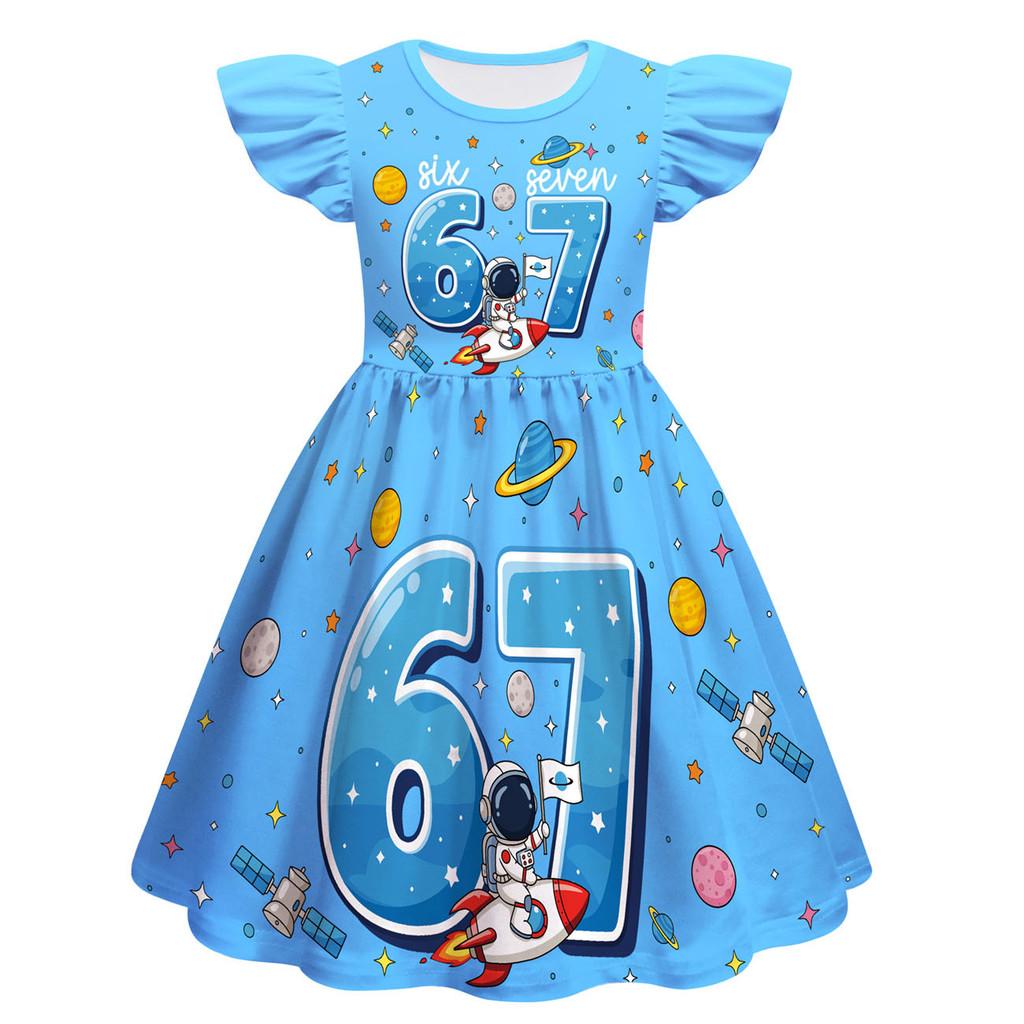 82865 Kinder Mädchen Steal a Brainrot 67 Print Rüschen Ärmellos Prinzessin Kleid