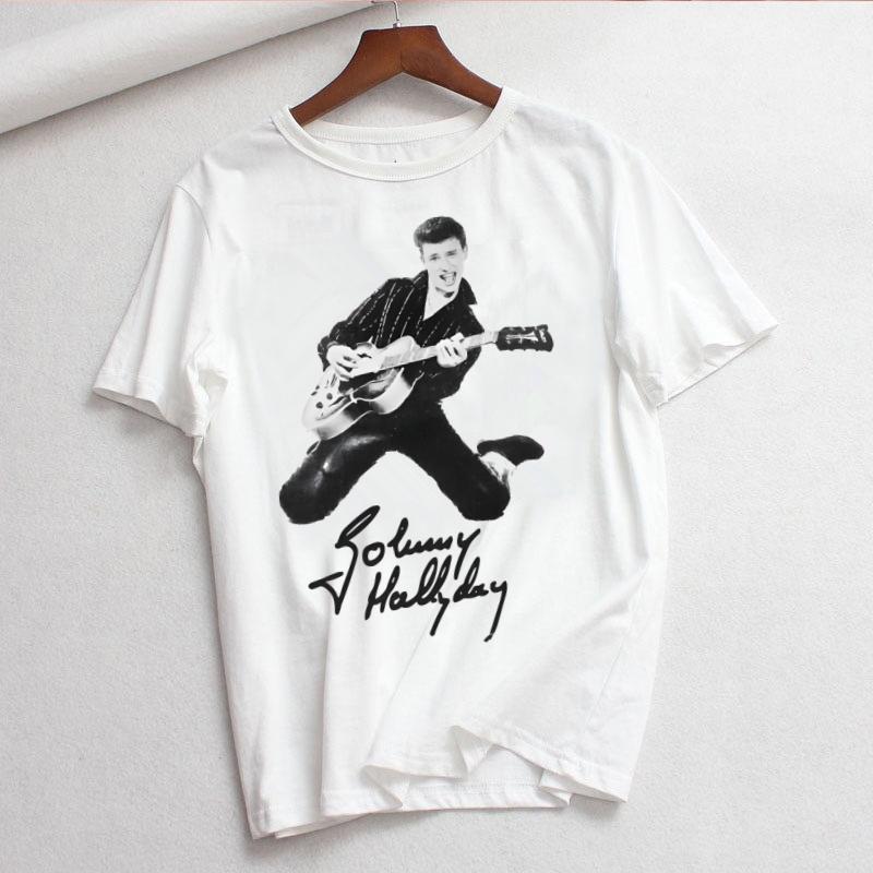 Johnny Hallyday Print T Shirt Women White and Black Shirts Fashion Round Neck Short Sleeve Cotton TShirt