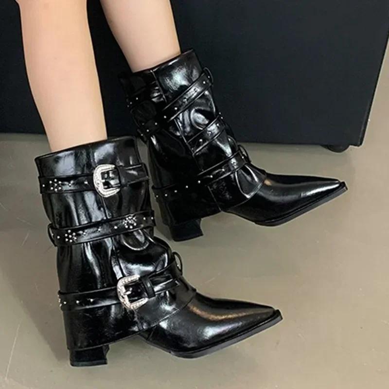 Fashion Chelsea Chunky Pointed Toe Ankle Boots Punk Women Shoes Trend New 2025 Winter Elegant Gladiator PU Leather Gothic Botas Mujer