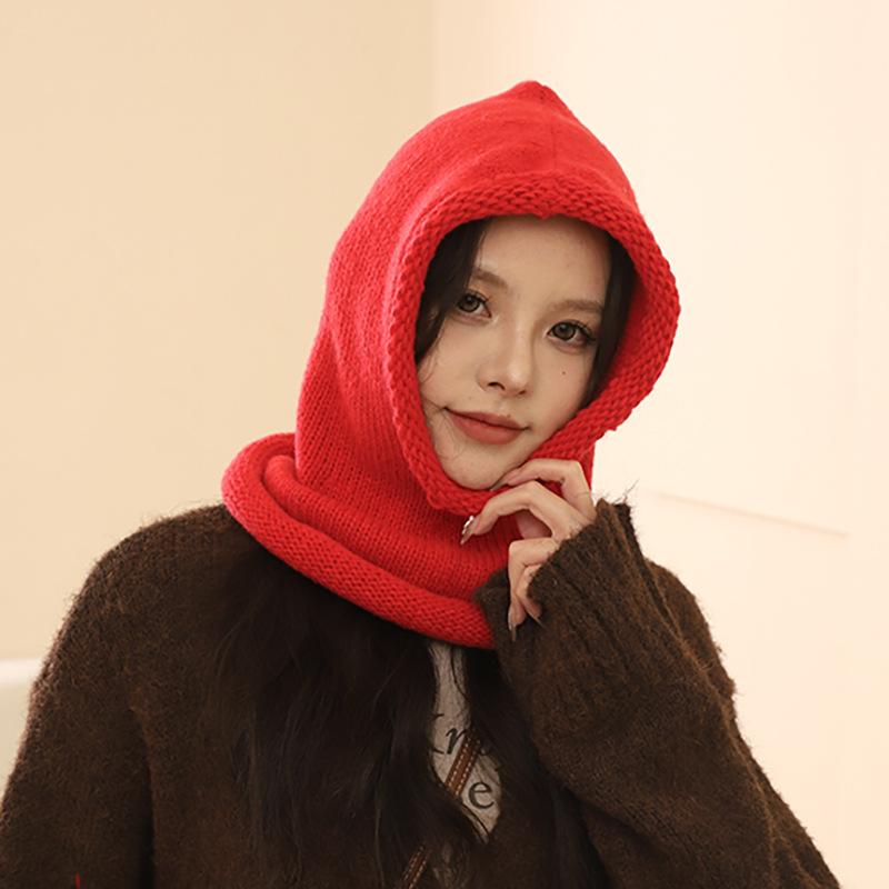 Осенняя и зимняя шапка-шарф, интегрированный шерстяной вязаный свитер, шапка-балаклава, ретро-утолщенная теплая холодная шапка One size fits all красный