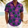 Men's Flamingo Tropical Monstera Palm Leaf Print Short Sleeve Shirt, Spring Summer Hawaiian Vacation Blouse, Loose Casual Top