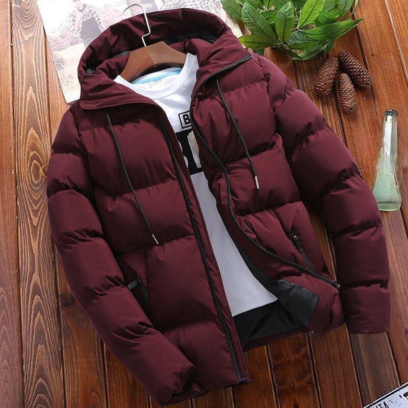 Men's Wine Red Hooded Quilted Winter Jacket with Adjustable Drawstrings, Available in Multiple Colors