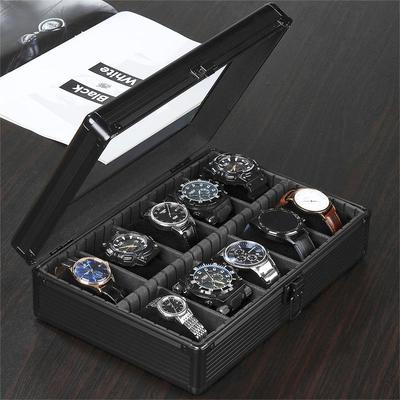 Customized 10-Slot Aluminum Watch and Jewelry Display Case with Transparent Glass Lid, Multiple Colors Available