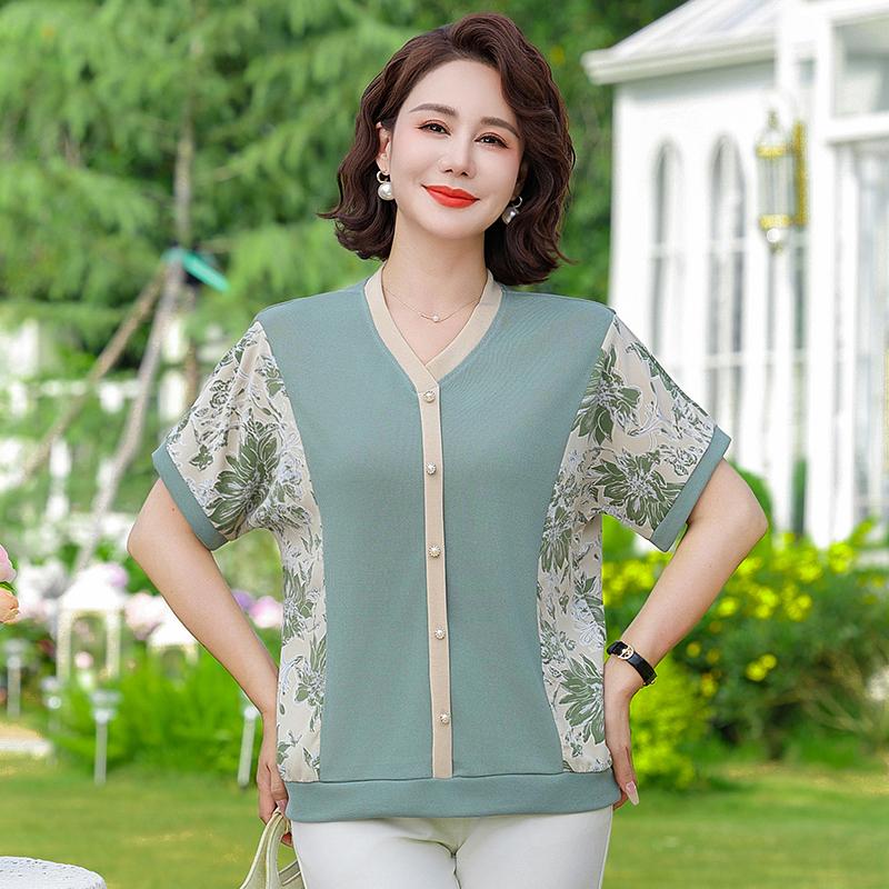 

Dual-tone Floral Patchwork Tops Summer Zen-inspired Outdoor Casual Blouse Straight Tube Short Sleeved T-shirt 5XL