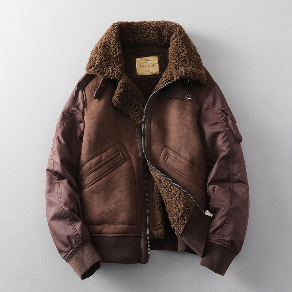 Men's Winter Lapel Leather & Fur Color Block Jacket 
