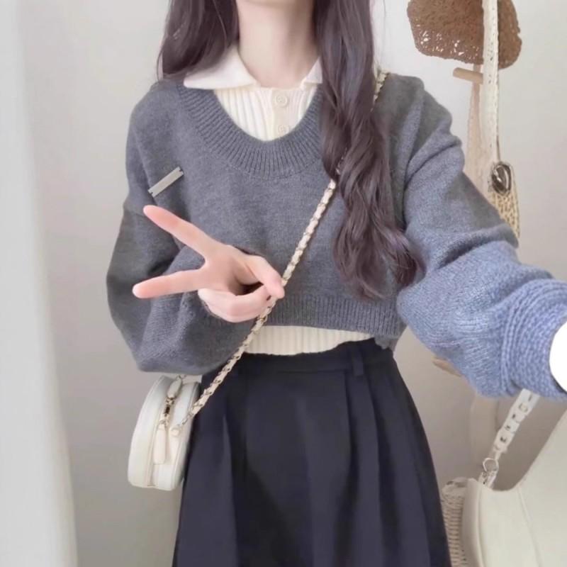 Womens Short Polo Neck Sweater 2 Piece Set Casual Knit Top Slim Waist Winter