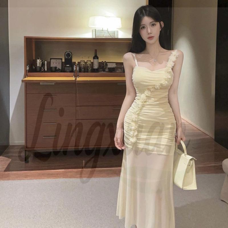 

Floral Mesh Strappy Dress: Slimming, Hip-Hugging Long Skirt Large