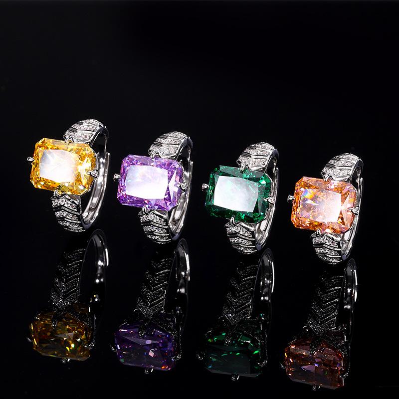 Jewelry Copper Bottom Gold-Plated High Carbon Diamond Ice Flower Cut Fat Rectangular Copper Inlaid Temperament Light Luxury Ring Women 10 * 12