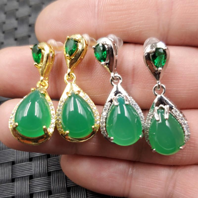 Ice Jade Green Chalcedony Water Drop Earrings with Agate and Diamond Inlay