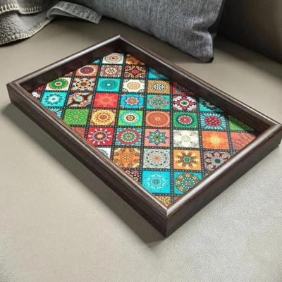 Nowa drewniana taca w stylu boho 30x20cm Kwadratowa taca na przekąski Ręcznie robiona taca do przechowywania biżuterii na biurko Dekoracja przedpokoju Domowe przechowywanie