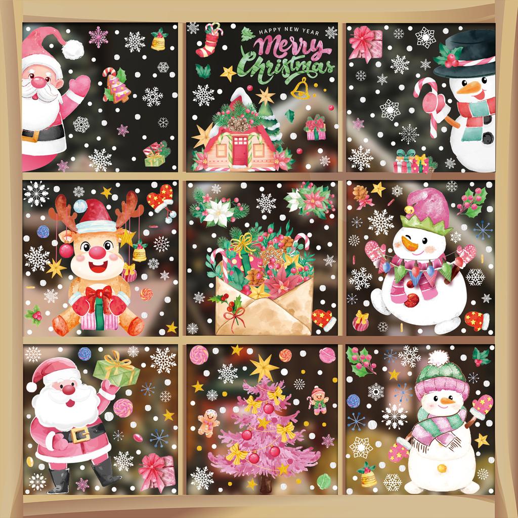 Christmas Pink Santa Claus Stickers Xmas Ball Garlands Bell Snowman Static Stickers Merry Christmas Decor Happy New Year