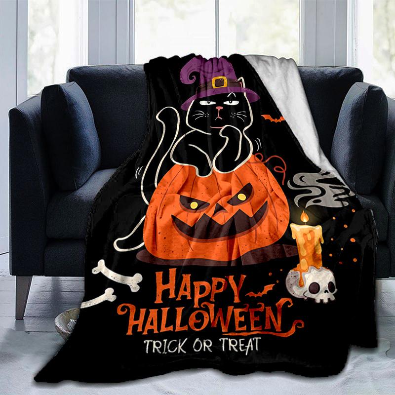 1pc Trick or Treat Cat & Pumpkin Halloween Blanket  Soft & Cozy, Living Room, Travel, Camping, Car Blankets