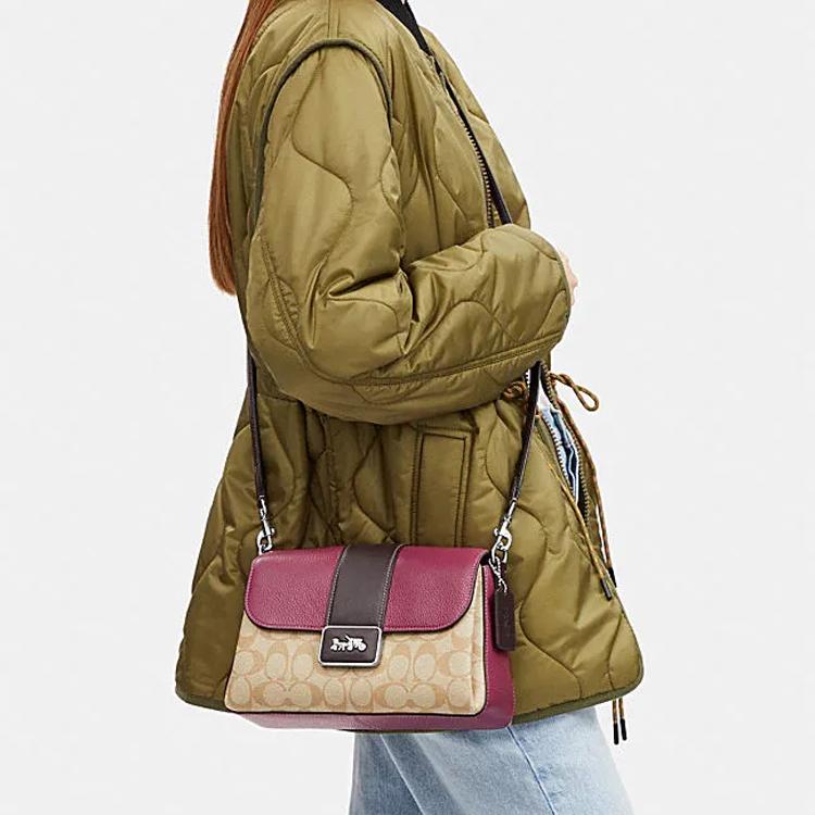 Coach Grace 26 Classic Monogram Horse And Carriage Logo Flap Top Handle Shoulder Bag Women Handbags Purple Khaki CJ633-SVVSB