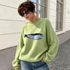 Damski Oversize Sweter Dzianinowy z Motywem Ryby Retro Styl Amerykański Okrągły Dekolt Rękawy Raglanowe Luźny Krój
