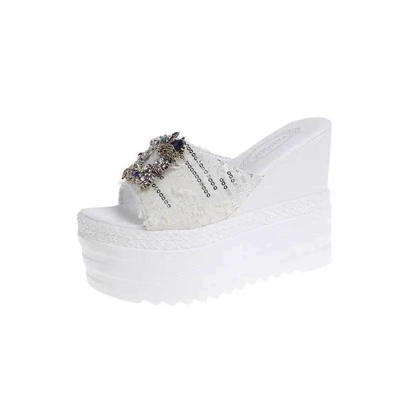 

Maogu Beach Slides Sandals Woman Summer 2024 Женские шлепанцы с кристаллами на платформе и танкетке Тапочки Женские туфли на высоком каблуке 39 39 белый