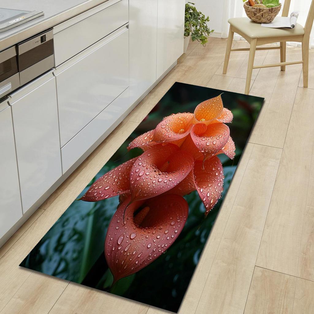 1Pcs Cat Rose Pattern Floor Mat Modern Kitchen Polyester Rug Non-Slip Colorful Indoor Carpet, For Home Bathroom Bedroom Living Room Decor