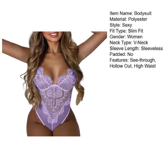 Nightie Bodysuit Lace Stitching Hollow Out Adjustable Straps Jumpsuits Deep V Neck Nightwear No Pads See-through Women Sexy Bodysuit for Themed Party