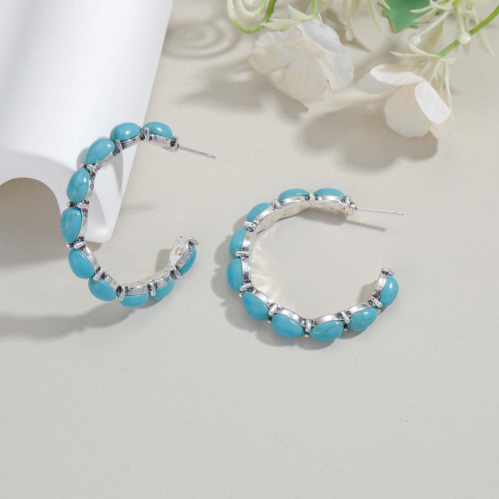 Bohemian Style Turquoise Bead Ring Earrings for Women, Versatile for Daily Wear