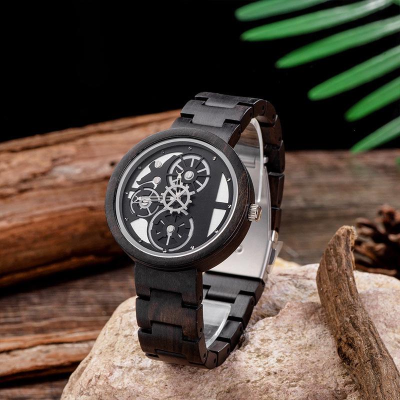 Nové pánské dřevěné quartzové hodinky Ebenové dřevo Personalizovaný ciferník s ozubenými koly Dřevěné hodinky