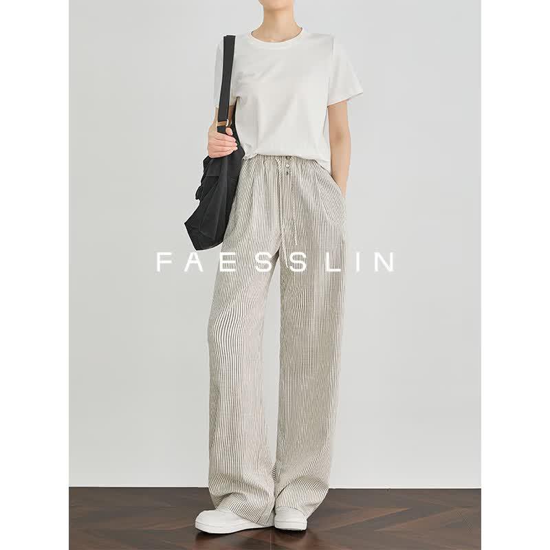 FAESSLIN Women s Striped Linen Blend High-Waisted Wide-Leg Pants S