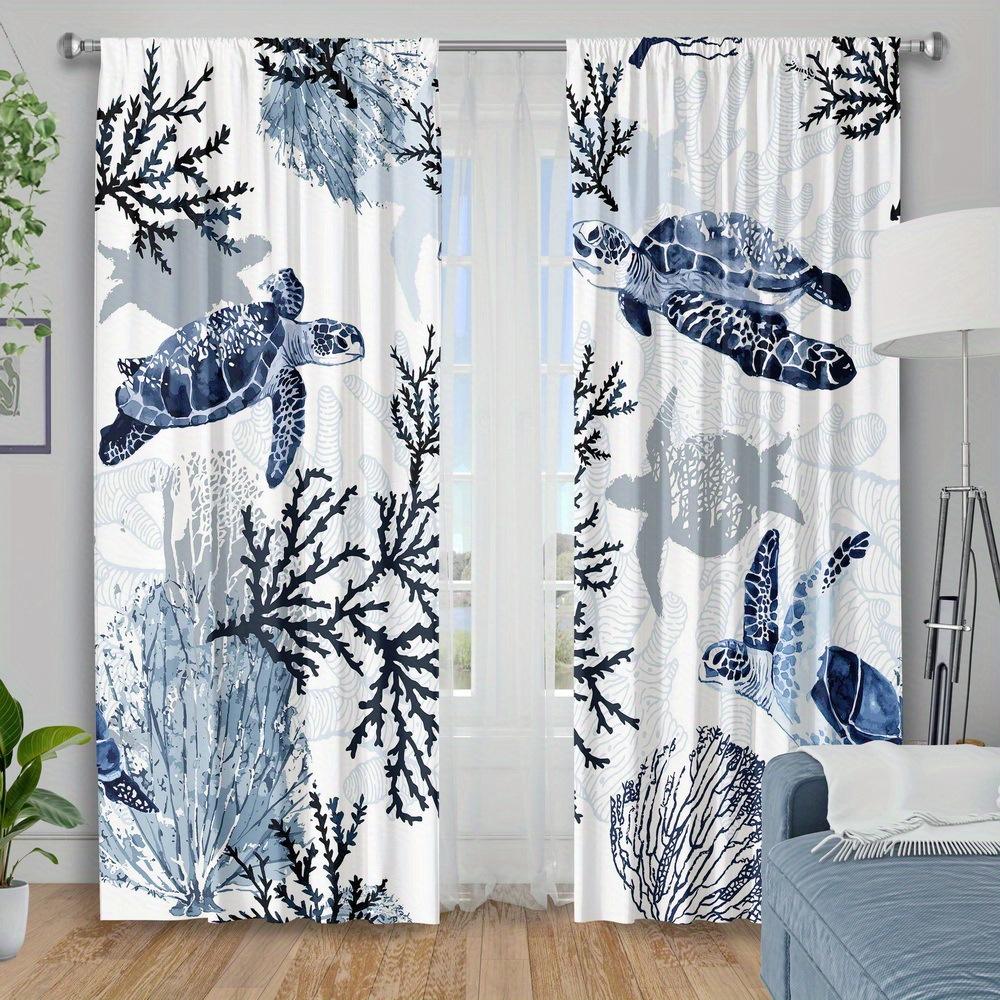 2 Panels Sea Turtle Printed Curta Ocean Coral Window Drapes Polyester Living Room Bedroom Coastal Home Decor