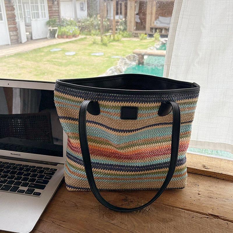 Sommer neue Strohtasche gestreift lässig einfach Umhängetasche große Kapazität Pendlertasche Strandurlaub am Meer