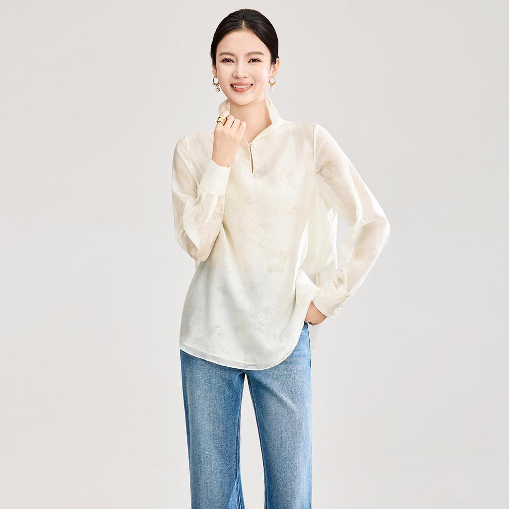 Elegant Silk Jacquard Stand Collar Shirt - Spring Style