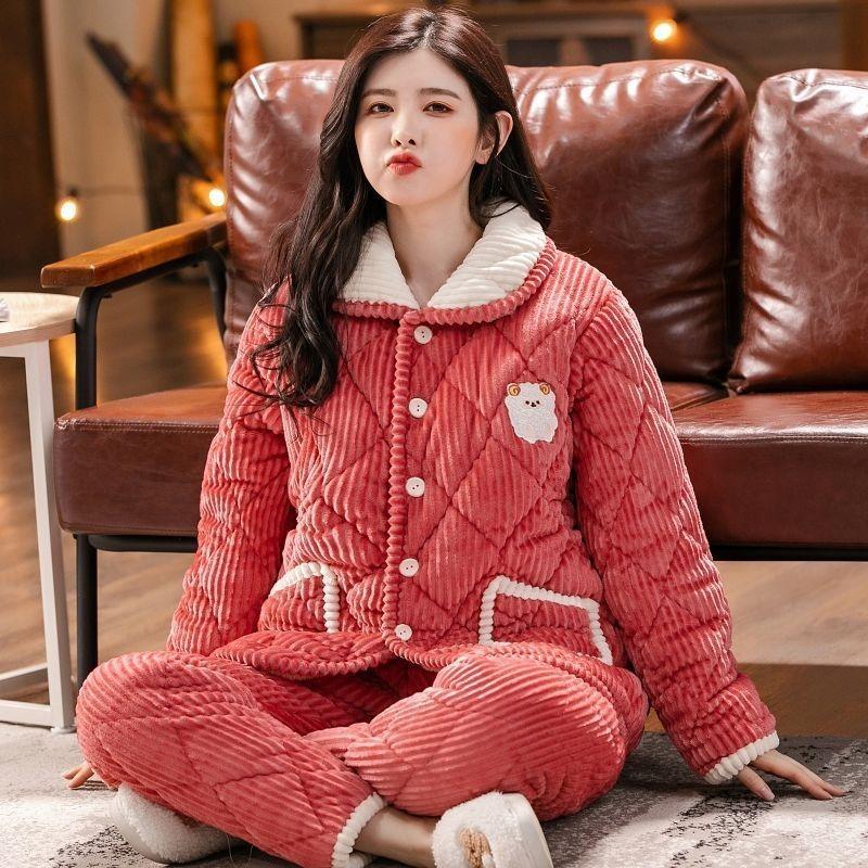 Pajamas women's winter three-layer thickened models fleece coral fleece warm padded cotton autumn and winter women's loungewear