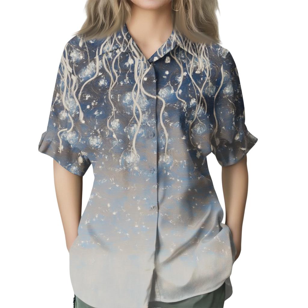 Women's Fashion Seven Sleeve Casual Lapel Back Tie Shirt Printed T-Shirt Top