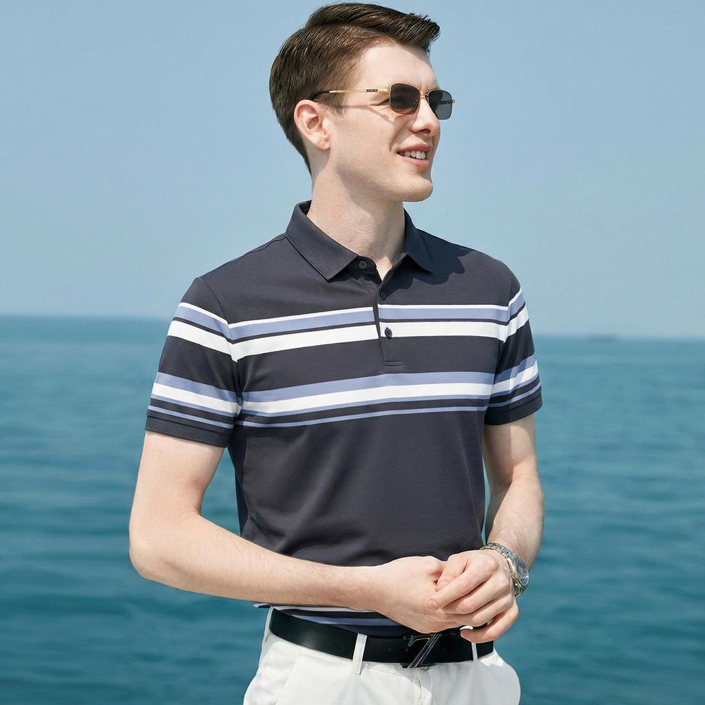 Summer Classic Striped Business Casual Silk Slippery Cool Drop Short Sleeve Polo Shirt with Mulberry Silk