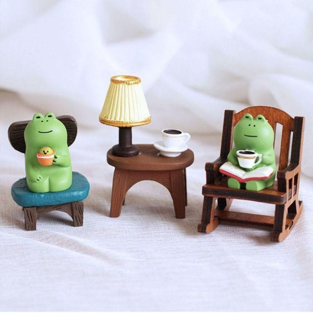 2PCs/set Cute Reading Frog Miniatures Mini Small Chair Ornaments Photo Props