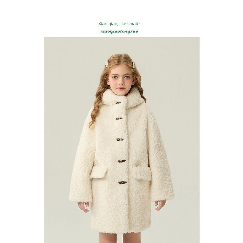 Children's Fur Coat 2025 Autumn and Winter New Style Girls' Imitation Lamb Wool Coat for Little Girls, Mid-Length Hooded