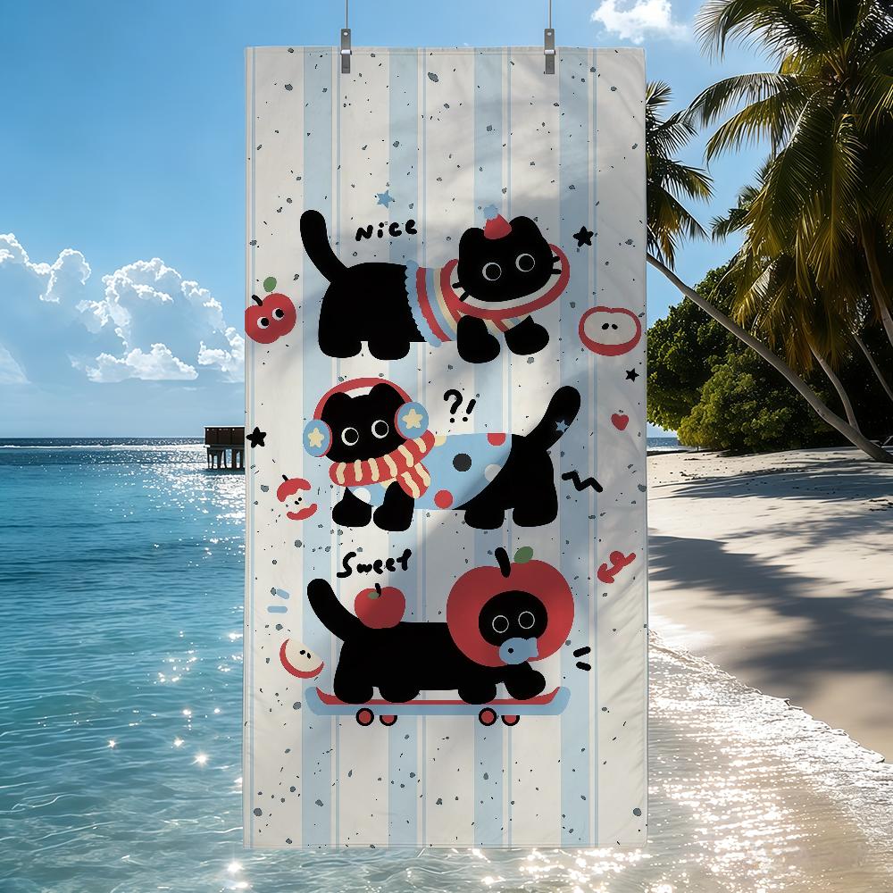 Cartoon Black Cat Cute Towel Quick Drying Beach Towels Are Suitable For Swimming Pools Camping Yoga And The Gym