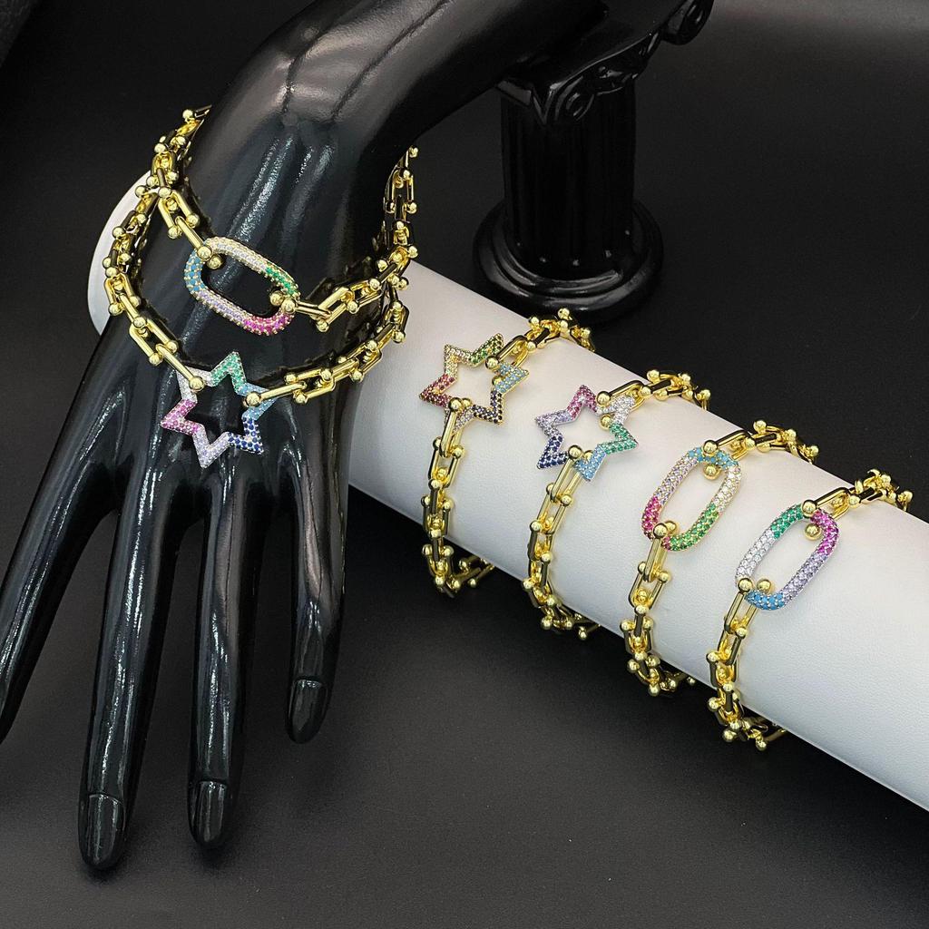 European & American Horseshoe Buckle Bracelet with Bamboo Section and Micro-paved Zircon