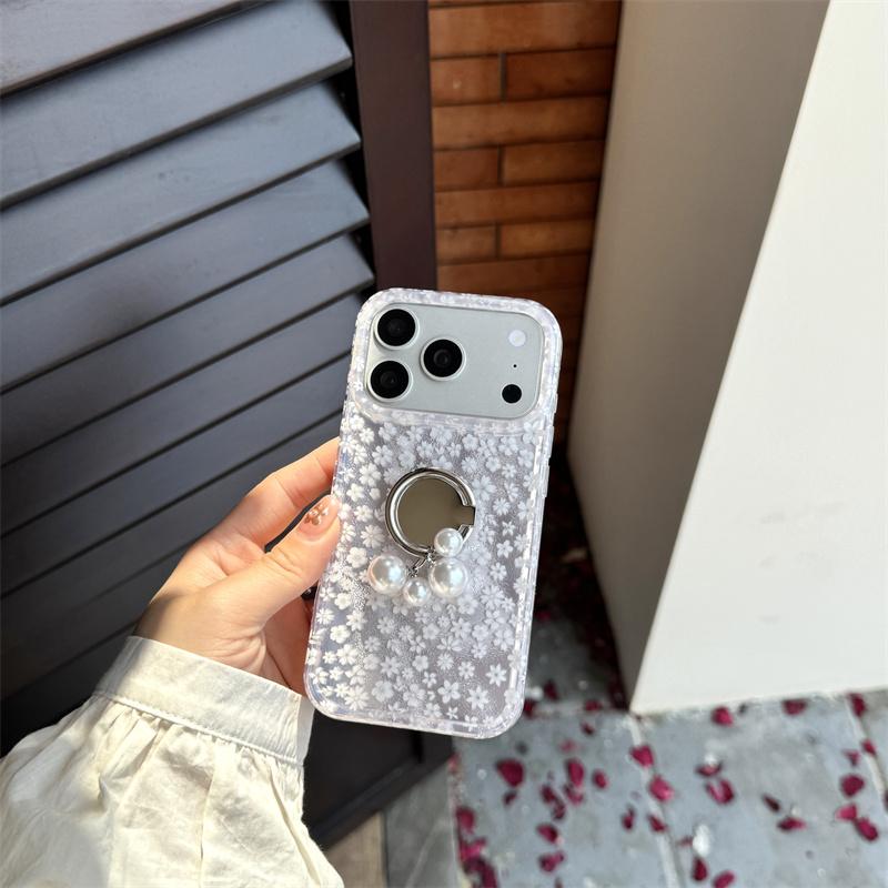 Elegant Floral Print Glitter Case With Pearl Ring Holder For iPhone 14 15 16 17 Pro Max INS Kawaii Style Large Window Shockproof