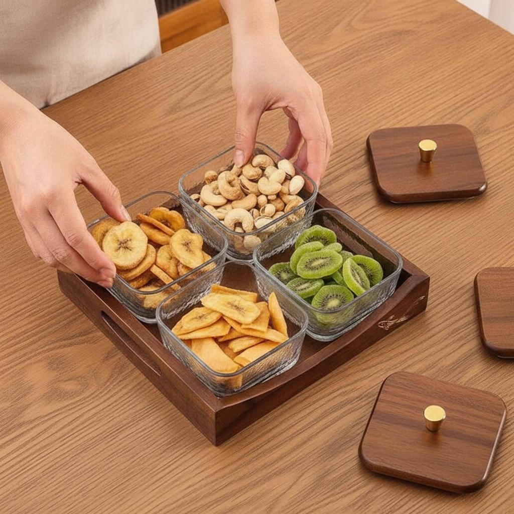 Getrennte Vorspeisenplatte mit Schalen | Walnuss, Holz Snack Tablett Glas