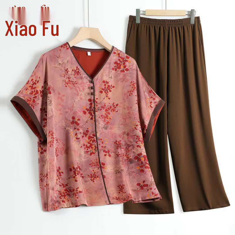 Elegant Women s Summer Short-Sleeve Top & Pants Set XL