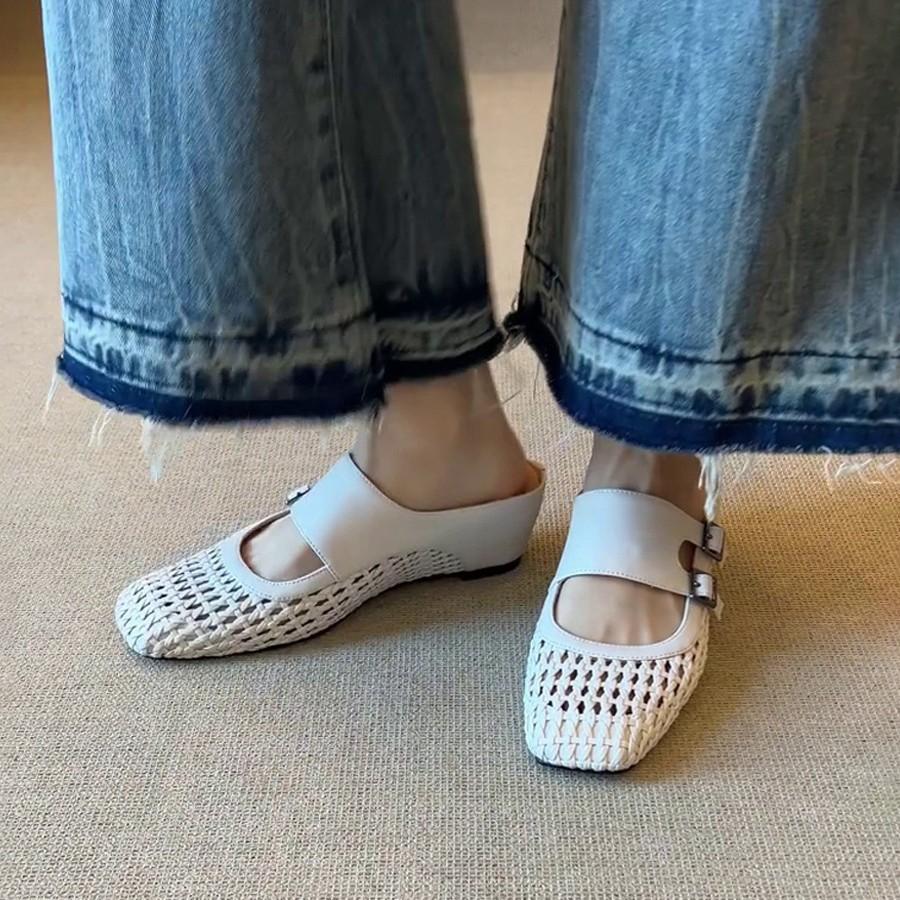 Sheepskin Version~ Thick Bottom Inner Height Increase Woven Hollow Bag Head Slippers Women Wear One Pedal French Muller Cool Slippers