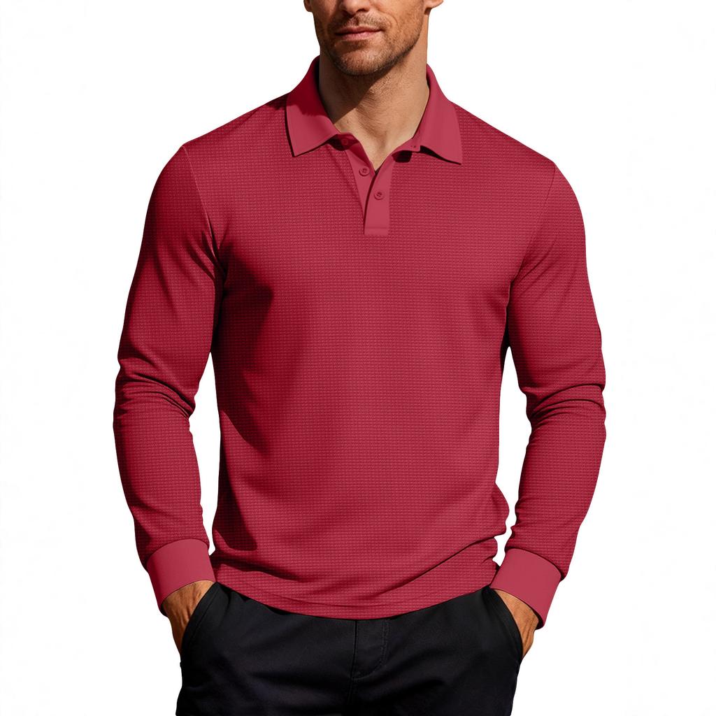 Fashion, Men's Waffle Lapel Button-Down Long Sleeve Polo Shirt Vacation Casual T-Shirt
