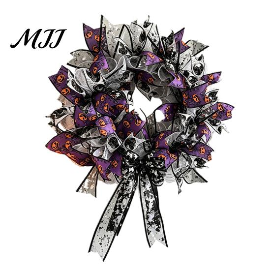 Halloween Spooky Wreath Mesh Ribbon for Front Door, Skull Pumpkin with Bow, Purple Black Stripe Decorative Garland Doors Walls Windows Decor Hook