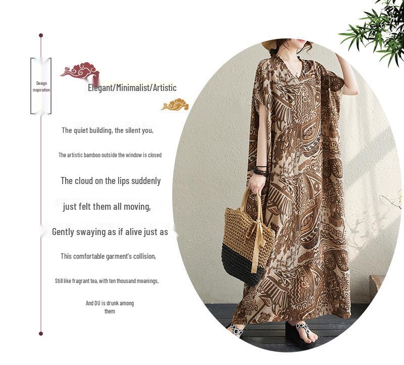 2024 Summer Plus Size V-Neck Cotton Linen Mid-Length Dress - Women's Wide H-Shape Pullover