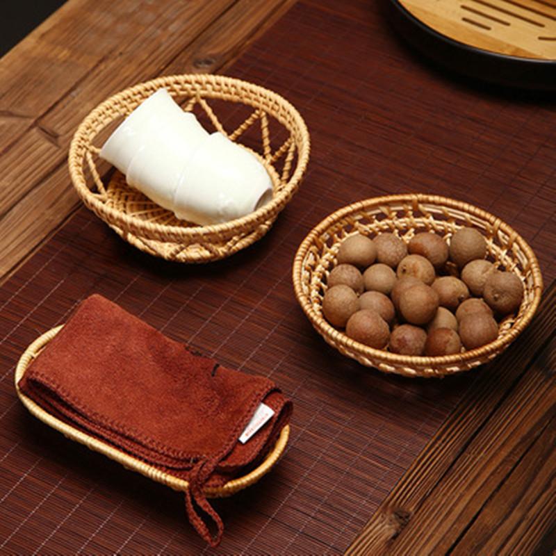 Rattan Woven Tray Convenience Store Handmade Round Basket Food Craft Rattan Tray for Food Fruit Storage Breadbasket Organizer